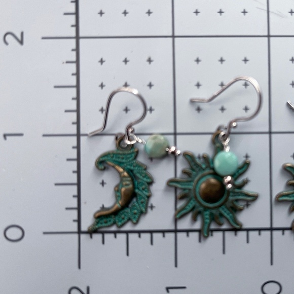 Faceted Moss Opal with Celestial Sun and Moon - Patina charm Earrings - Picture 5 of 5
